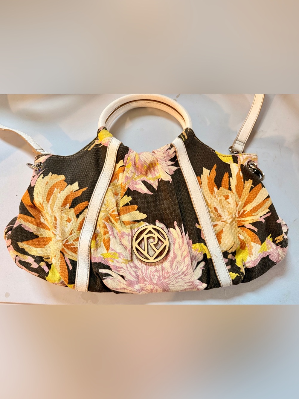 Stunning Relic Floral Canvas Handbag with White Trim and Gold Logo